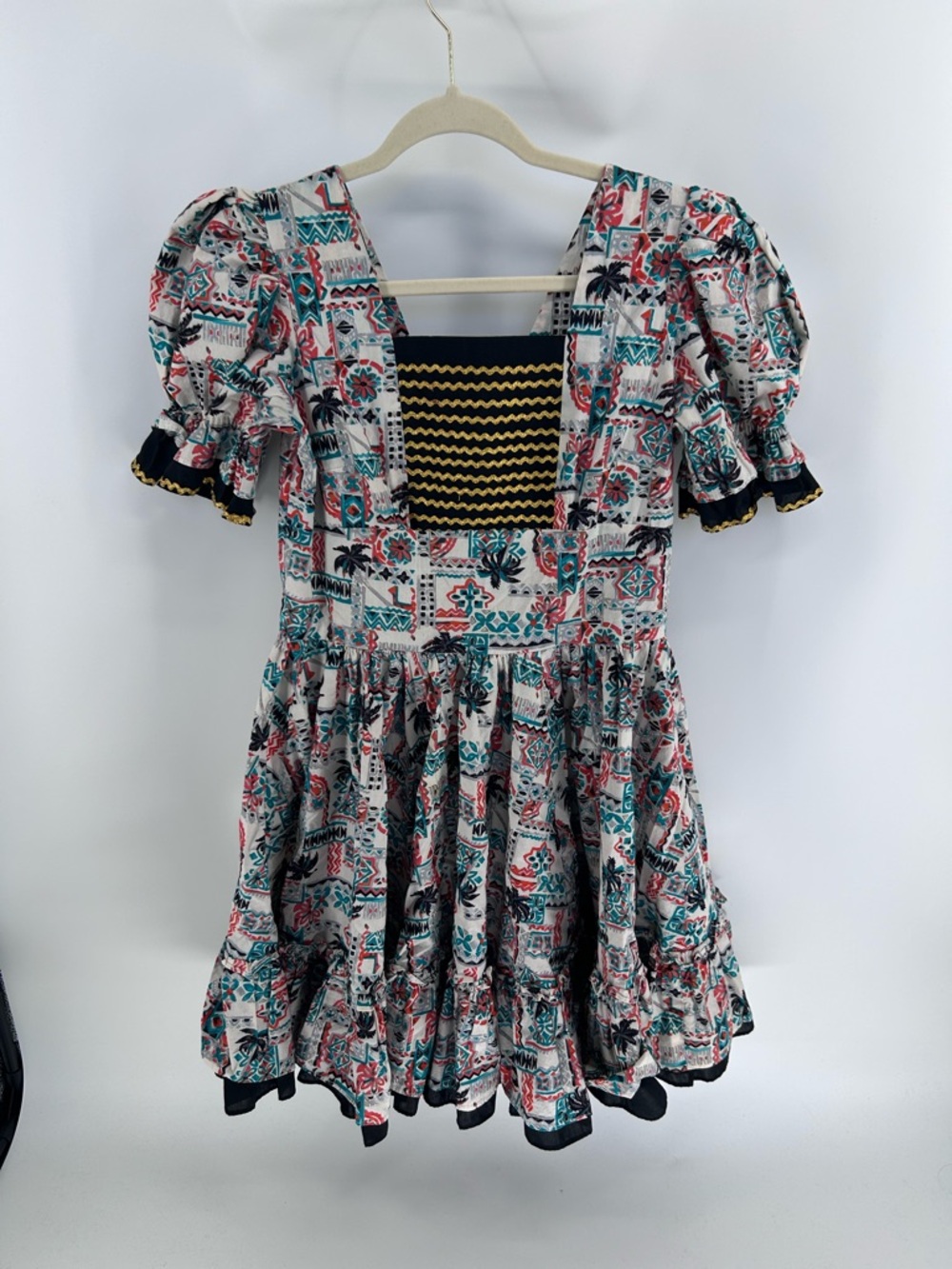 Handmade Printed Puff-Sleeve Dress in Teal & Coral | Best‎ fit for Medium